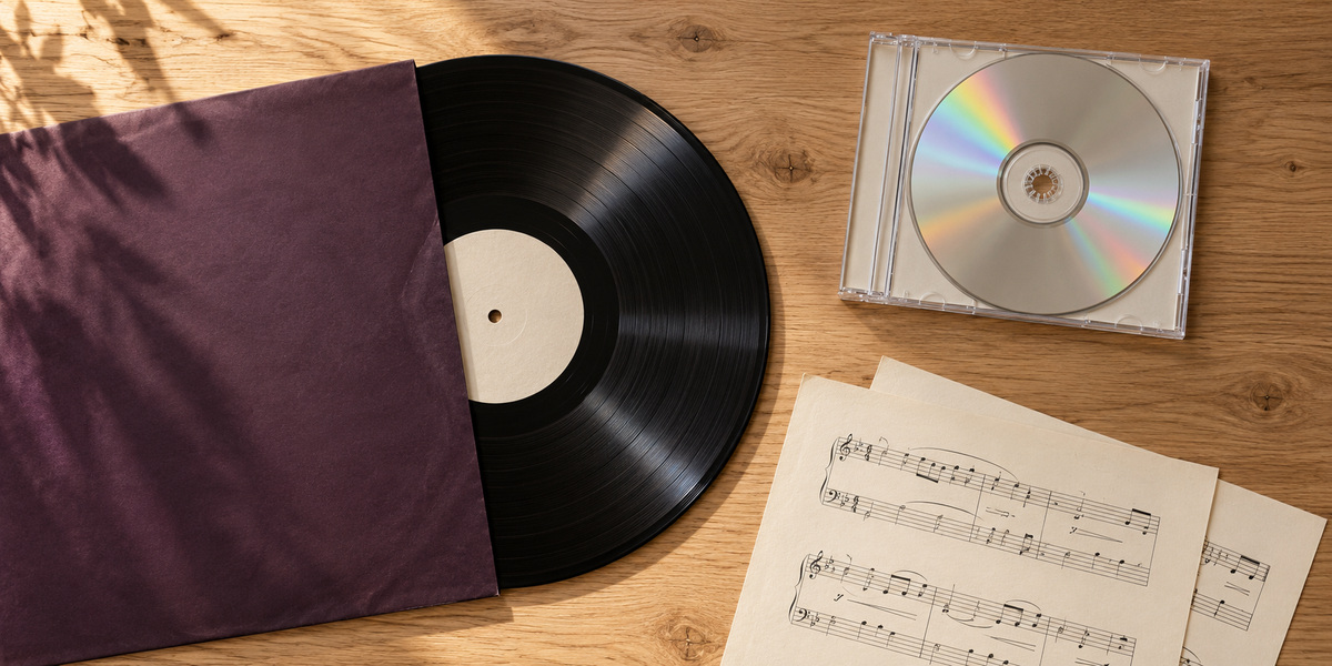 Vinyl record, compact disc and music notation arranged on a wooden table