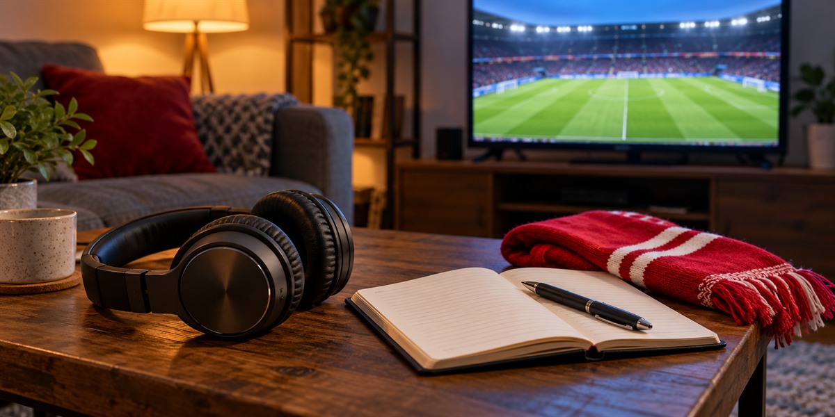 Headphones and a notebook beside a television showing a fictional football ground