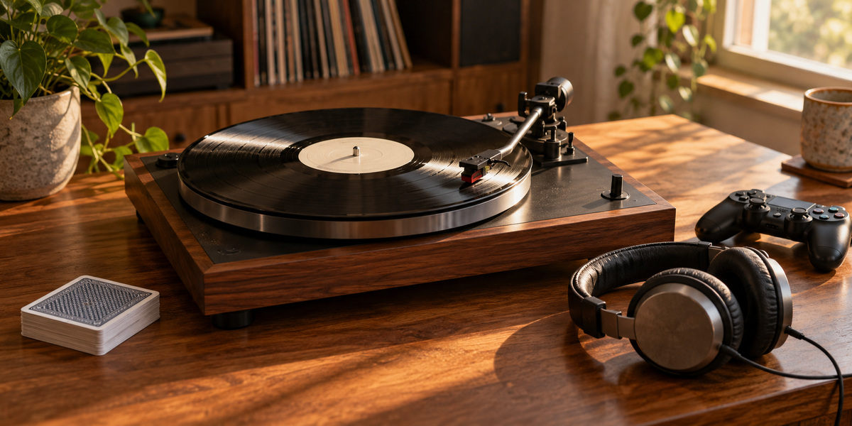 A record player with headphones, a controller and a deck of cards in a listening room