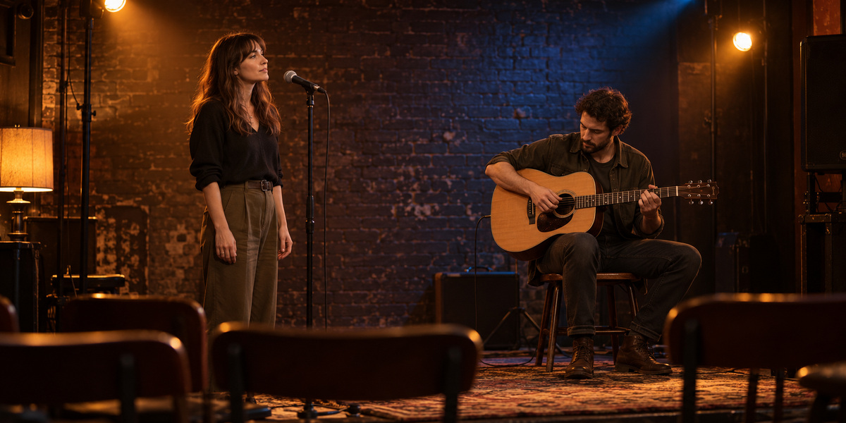 A fictional singer and acoustic guitarist rehearsing in a small music venue