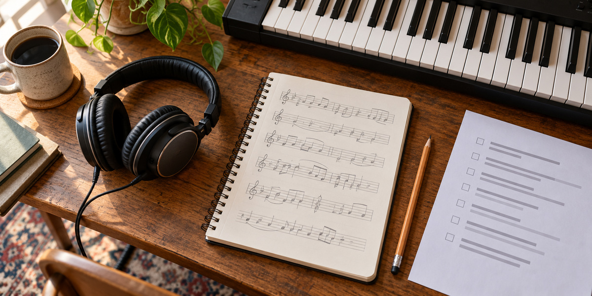 Songwriting notebook, headphones, piano keyboard and a rights checklist on a wooden desk