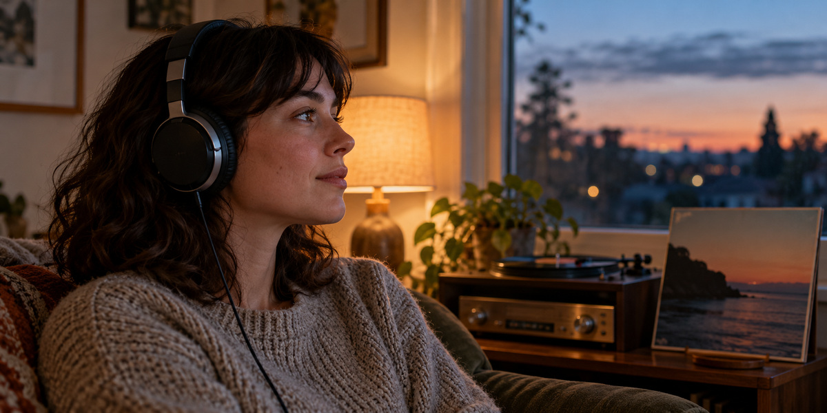 A listener wearing headphones beside a window at dusk